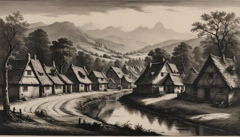 Copperplate Etching,Copperplate Etching, Village, village, no humans, tree, monochrome, scenery, outdoors