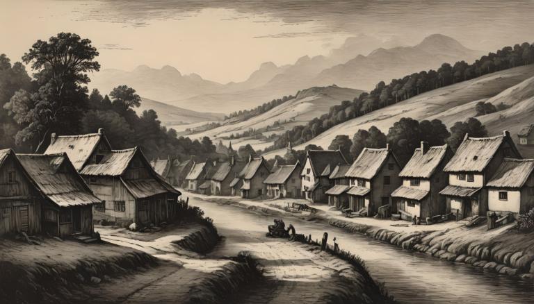 Copperplate Etching,Copperplate Etching, Village, village, no humans, scenery, monochrome, tree, outdoors