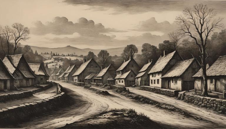 Copperplate Etching,Copperplate Etching, Village, village, tree, no humans, monochrome, scenery, house