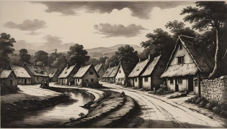 Copperplate Etching,Copperplate Etching, Village, village, no humans, monochrome, tree, scenery, house