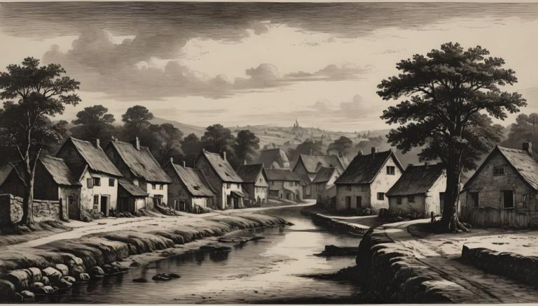 Copperplate Etching,Copperplate Etching, Village, village, no humans, monochrome, tree, scenery, house