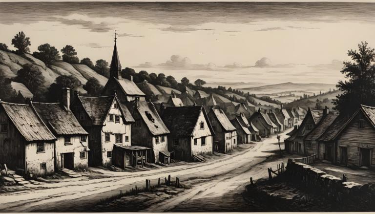 Copperplate Etching,Copperplate Etching, Village, village, no humans, monochrome, scenery, house, outdoors