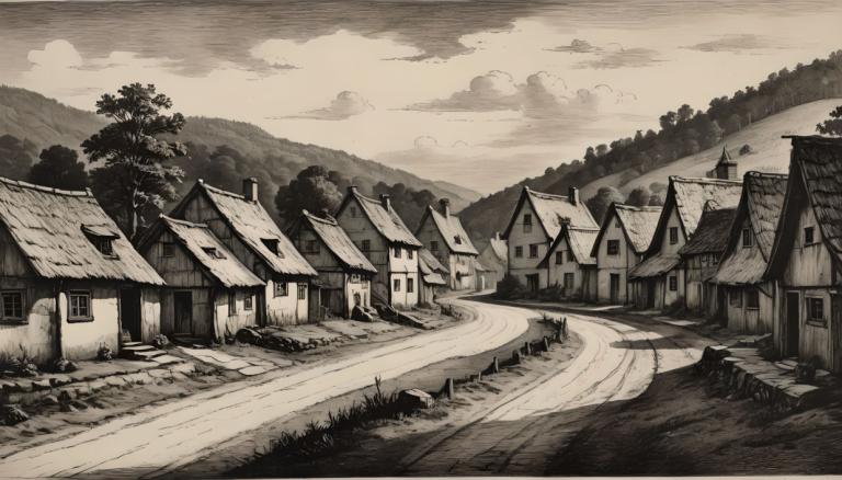 Copperplate Etching,Copperplate Etching, Village, village, no humans, monochrome, scenery, house, outdoors