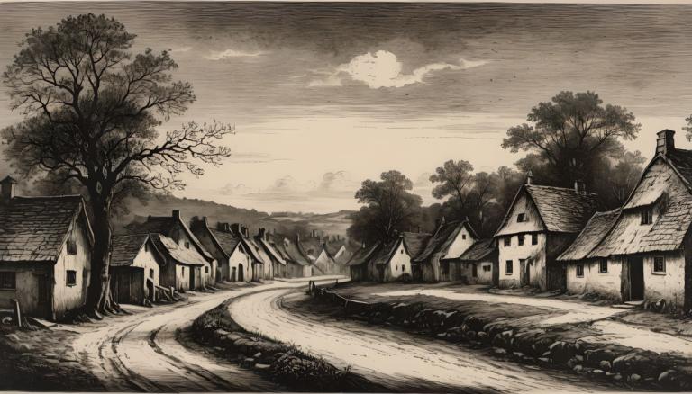 Copperplate Etching,Copperplate Etching, Village, village, tree, no humans, monochrome, scenery, house