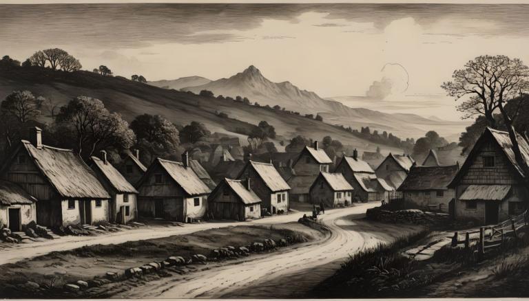 Copperplate Etching,Copperplate Etching, Village, village, tree, scenery, monochrome, no humans, outdoors