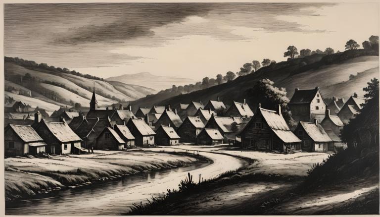 Copperplate Etching,Copperplate Etching, Village, village, no humans, monochrome, scenery, outdoors, house