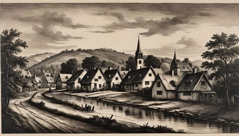 Copperplate Etching,Copperplate Etching, Village, village, no humans, tree, monochrome, scenery, outdoors