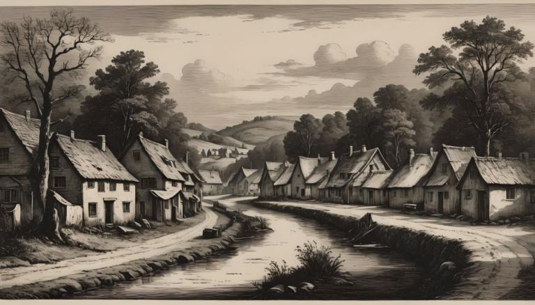 Copperplate Etching,Copperplate Etching, Village, village, tree, monochrome, no humans, scenery, house