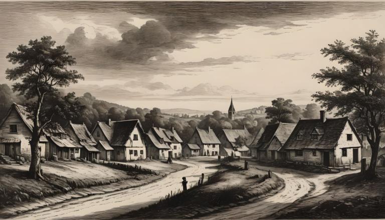 Copperplate Etching,Copperplate Etching, Village, village, tree, monochrome, scenery, house, cloud, outdoors