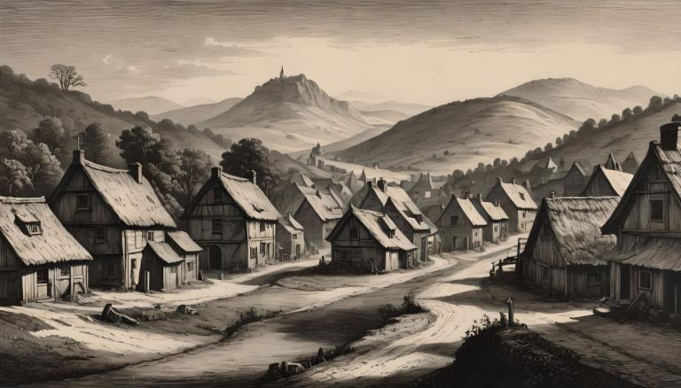 Copperplate Etching,Copperplate Etching, Village, village, scenery, monochrome, no humans, outdoors, tree