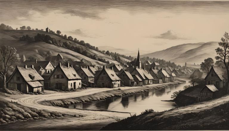 Copperplate Etching,Copperplate Etching, Village, village, no humans, tree, scenery, monochrome, outdoors