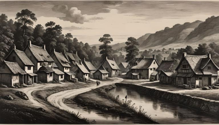 Copperplate Etching,Copperplate Etching, Village, village, monochrome, tree, scenery, house, outdoors, cloud