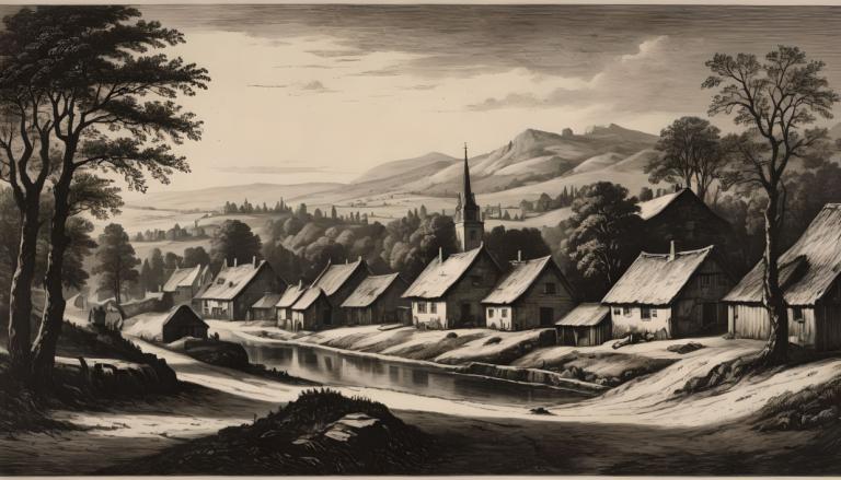 Copperplate Etching,Copperplate Etching, Village, village, no humans, tree, scenery, monochrome, outdoors