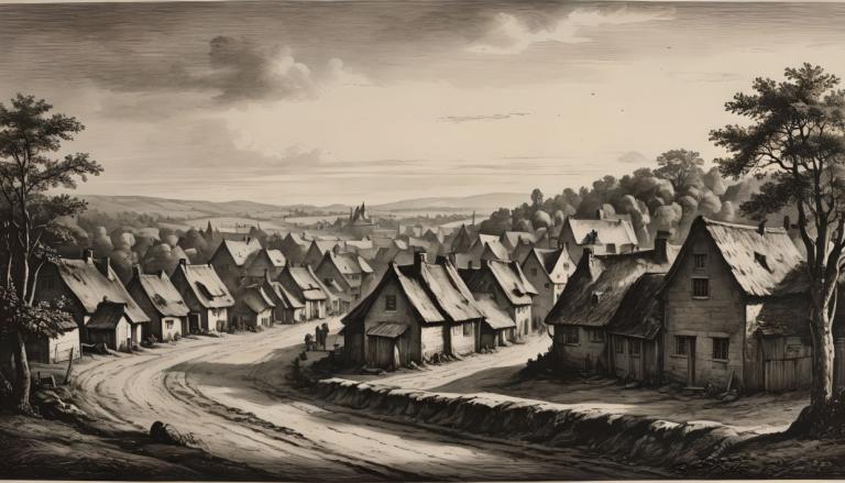 Copperplate Etching,Copperplate Etching, Village, village, no humans, monochrome, scenery, tree, house