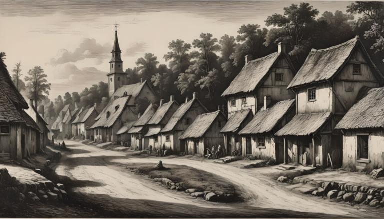 Copperplate Etching,Copperplate Etching, Village, village, monochrome, tree, scenery, no humans, house