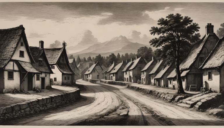 Copperplate Etching,Copperplate Etching, Village, village, monochrome, scenery, tree, outdoors, house, cloud