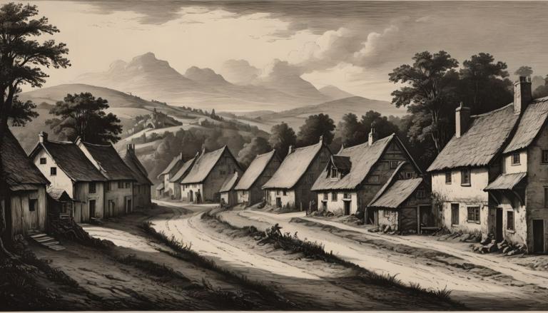 Copperplate Etching,Copperplate Etching, Village, village, no humans, monochrome, scenery, tree, house