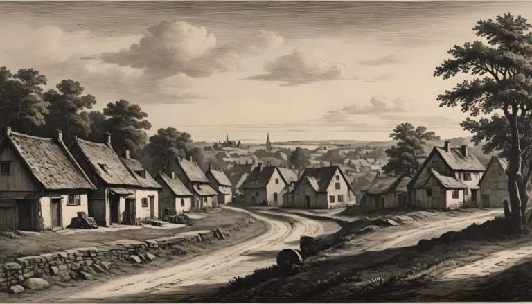 Copperplate Etching,Copperplate Etching, Village, village, no humans, monochrome, tree, scenery, cloud