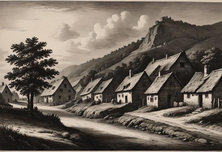 Copperplate Etching,Copperplate Etching, Village, village, no humans, monochrome, scenery, tree, outdoors