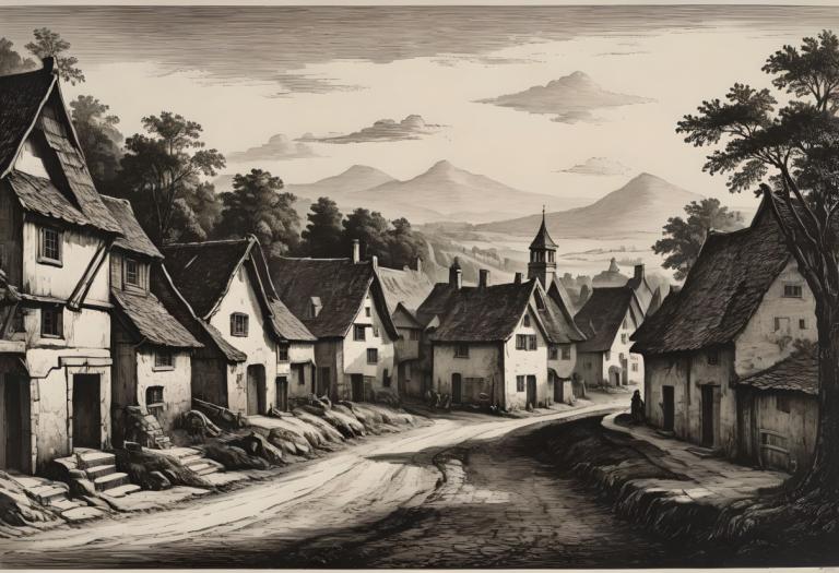 Copperplate Etching,Copperplate Etching, Village, village, no humans, tree, monochrome, scenery, outdoors