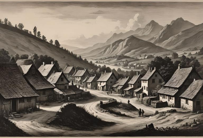 Copperplate Etching,Copperplate Etching, Village, village, monochrome, scenery, tree, outdoors, mountain