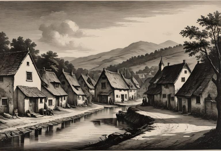 Copperplate Etching,Copperplate Etching, Village, village, monochrome, tree, no humans, scenery, house