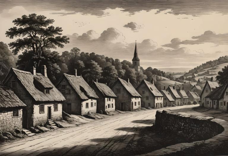 Copperplate Etching,Copperplate Etching, Village, village, no humans, tree, monochrome, scenery, cloud