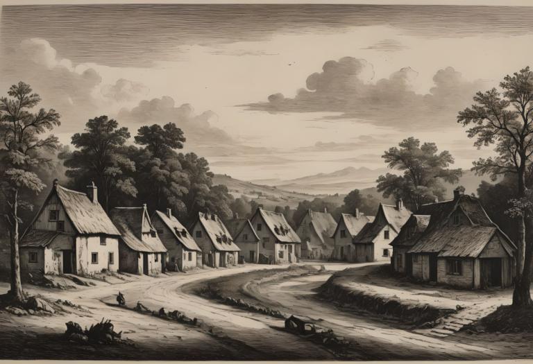 Copperplate Etching,Copperplate Etching, Village, village, tree, monochrome, no humans, scenery, house