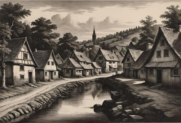 Copperplate Etching,Copperplate Etching, Village, village, no humans, tree, monochrome, scenery, outdoors