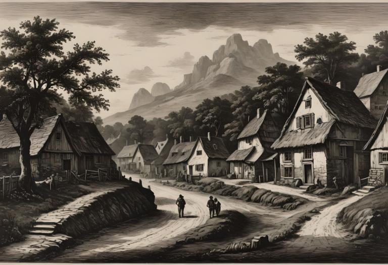 Copperplate Etching,Copperplate Etching, Village, village, tree, monochrome, house, scenery, outdoors