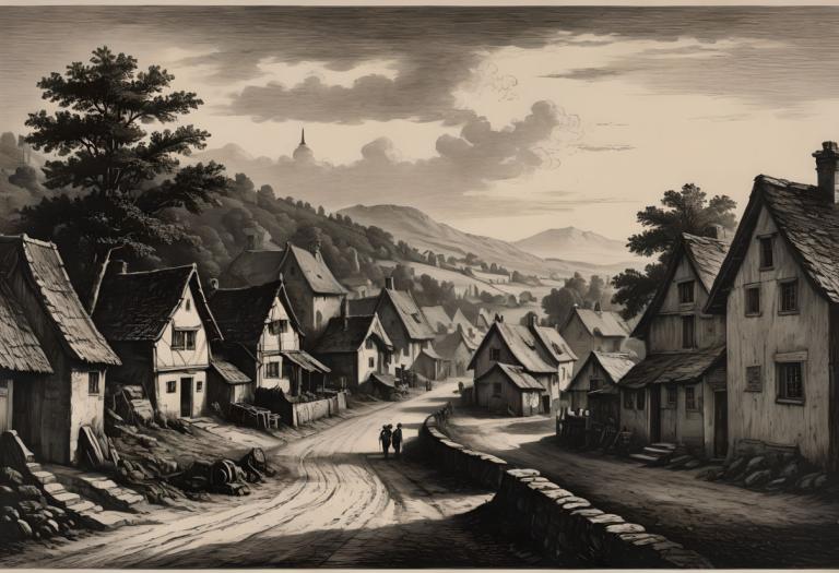 Copperplate Etching,Copperplate Etching, Village, village, monochrome, scenery, tree, house, outdoors, cloud