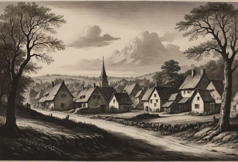 Copperplate Etching,Copperplate Etching, Village, village, no humans, tree, scenery, monochrome, outdoors