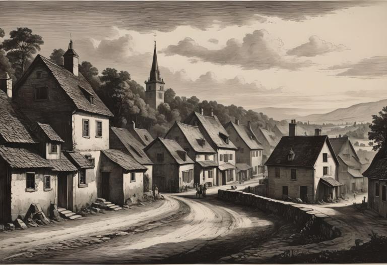 Copperplate Etching,Copperplate Etching, Village, village, monochrome, scenery, no humans, cloud, tree