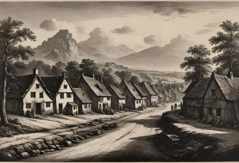 Copperplate Etching,Copperplate Etching, Village, village, no humans, tree, scenery, monochrome, house