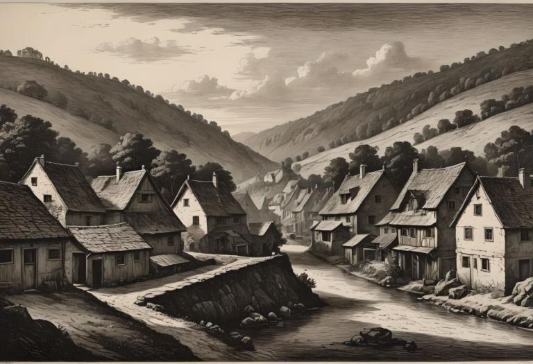 Copperplate Etching,Copperplate Etching, Village, village, monochrome, scenery, house, tree, no humans