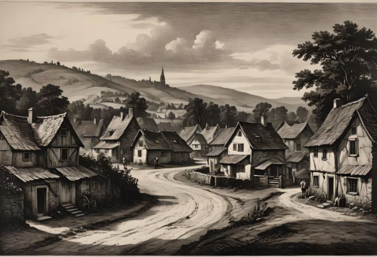 Copperplate Etching,Copperplate Etching, Village, village, monochrome, no humans, scenery, tree, house