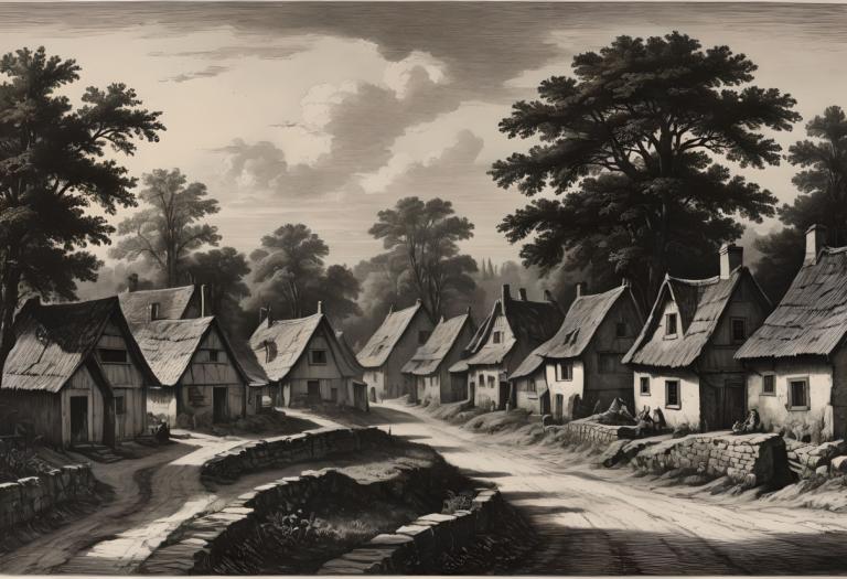 Copperplate Etching,Copperplate Etching, Village, village, tree, no humans, monochrome, scenery, outdoors