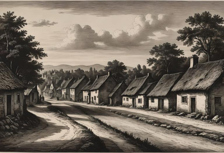 Copperplate Etching,Copperplate Etching, Village, village, no humans, tree, monochrome, scenery, outdoors