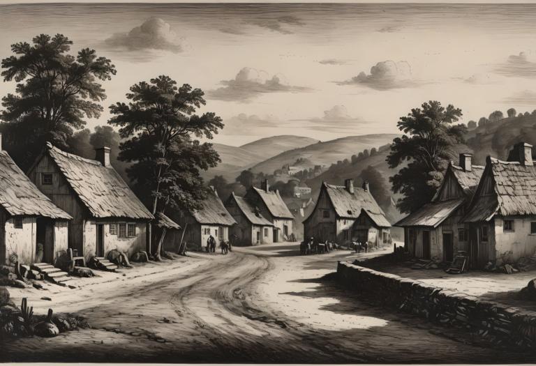 Copperplate Etching,Copperplate Etching, Village, village, no humans, monochrome, tree, scenery, outdoors