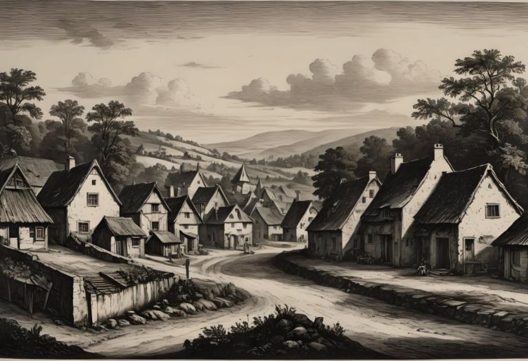 Copperplate Etching,Copperplate Etching, Village, village, no humans, scenery, monochrome, tree, house