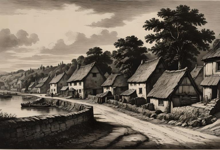 Copperplate Etching,Copperplate Etching, Village, village, no humans, monochrome, tree, scenery, outdoors