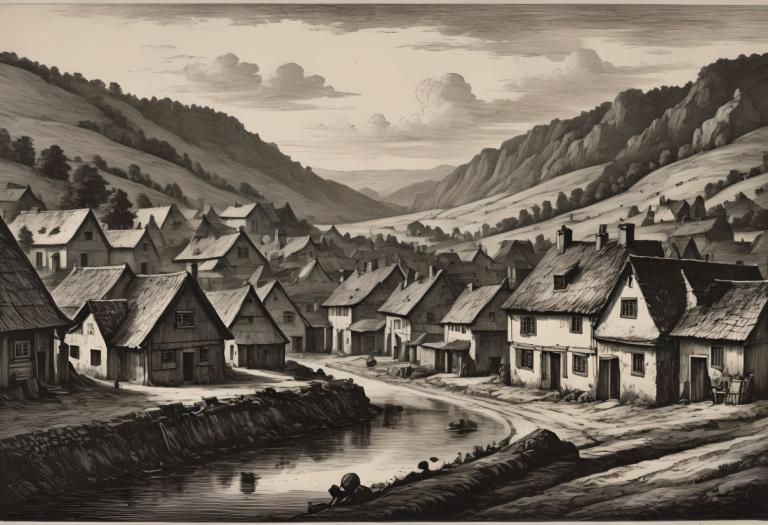 Copperplate Etching,Copperplate Etching, Village, village, monochrome, scenery, house, no humans, outdoors