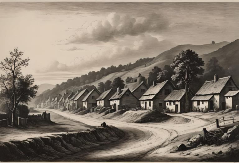 Copperplate Etching,Copperplate Etching, Village, village, tree, no humans, monochrome, scenery, outdoors