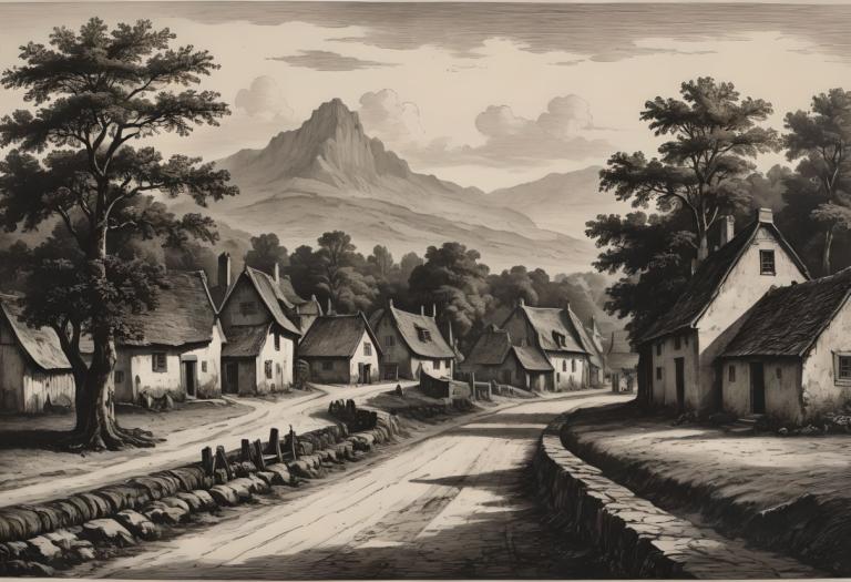 Copperplate Etching,Copperplate Etching, Village, village, no humans, tree, monochrome, scenery, outdoors