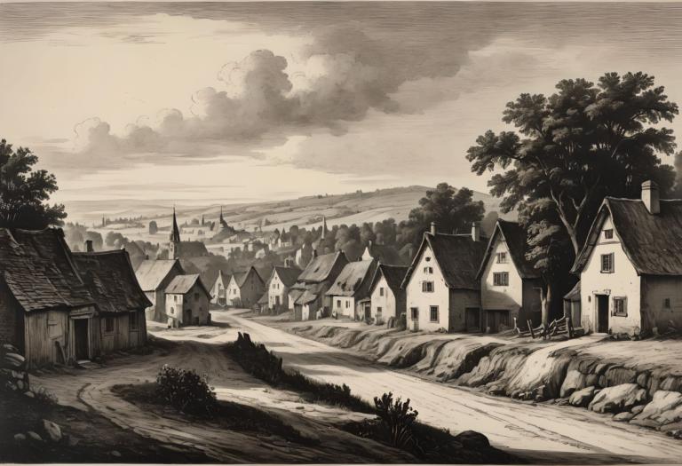 Copperplate Etching,Copperplate Etching, Village, village, no humans, scenery, monochrome, tree, outdoors