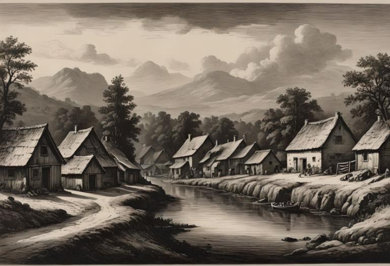 Copperplate Etching,Copperplate Etching, Village, village, no humans, scenery, monochrome, tree, house