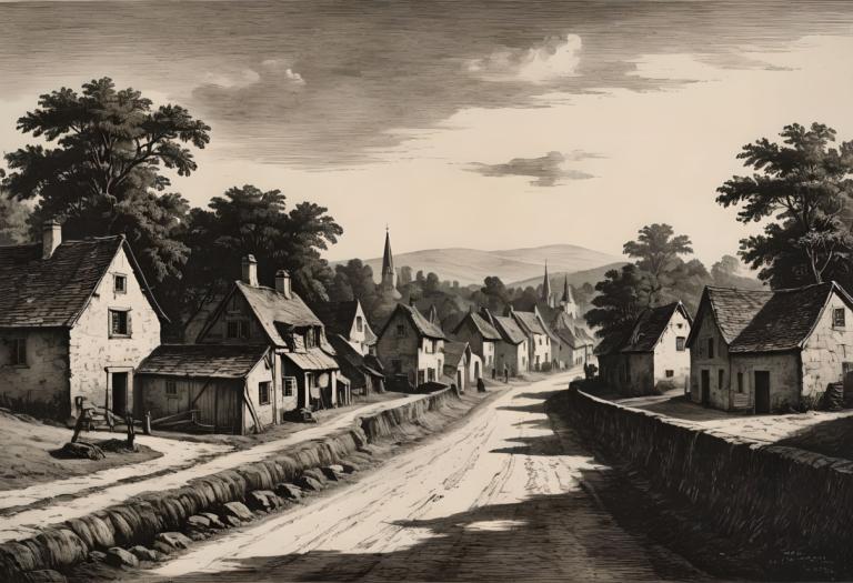 Copperplate Etching,Copperplate Etching, Village, village, tree, monochrome, scenery, no humans, outdoors