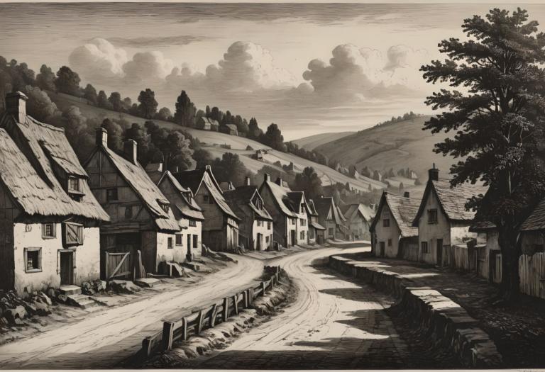 Copperplate Etching,Copperplate Etching, Village, village, no humans, scenery, monochrome, tree, house