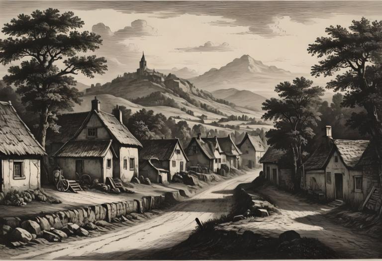 Copperplate Etching,Copperplate Etching, Village, village, no humans, monochrome, tree, scenery, outdoors