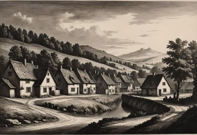 Copperplate Etching,Copperplate Etching, Village, village, no humans, tree, monochrome, scenery, outdoors